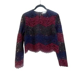 Sandro Red Blue Lace Top Scallop HemLing Sleeve Cropped Fit Medium